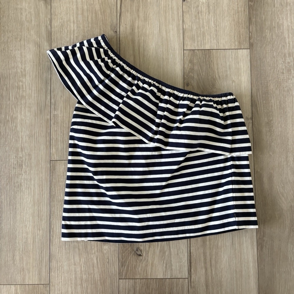 J Crew G7064 One Shoulder Ruffle Top Women Medium M Blue White Striped